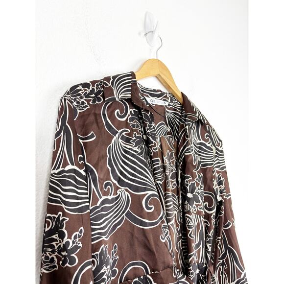 Zara Printed Wrap Midi Dress Size XS Brown Floral Satin Long Sleeve 9445/853/700 - Picture 7 of 14